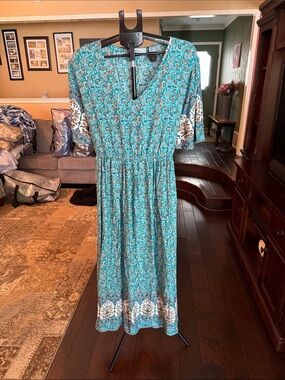 Floral V-Neck Turquoise Midi Dress with Smocked Waist